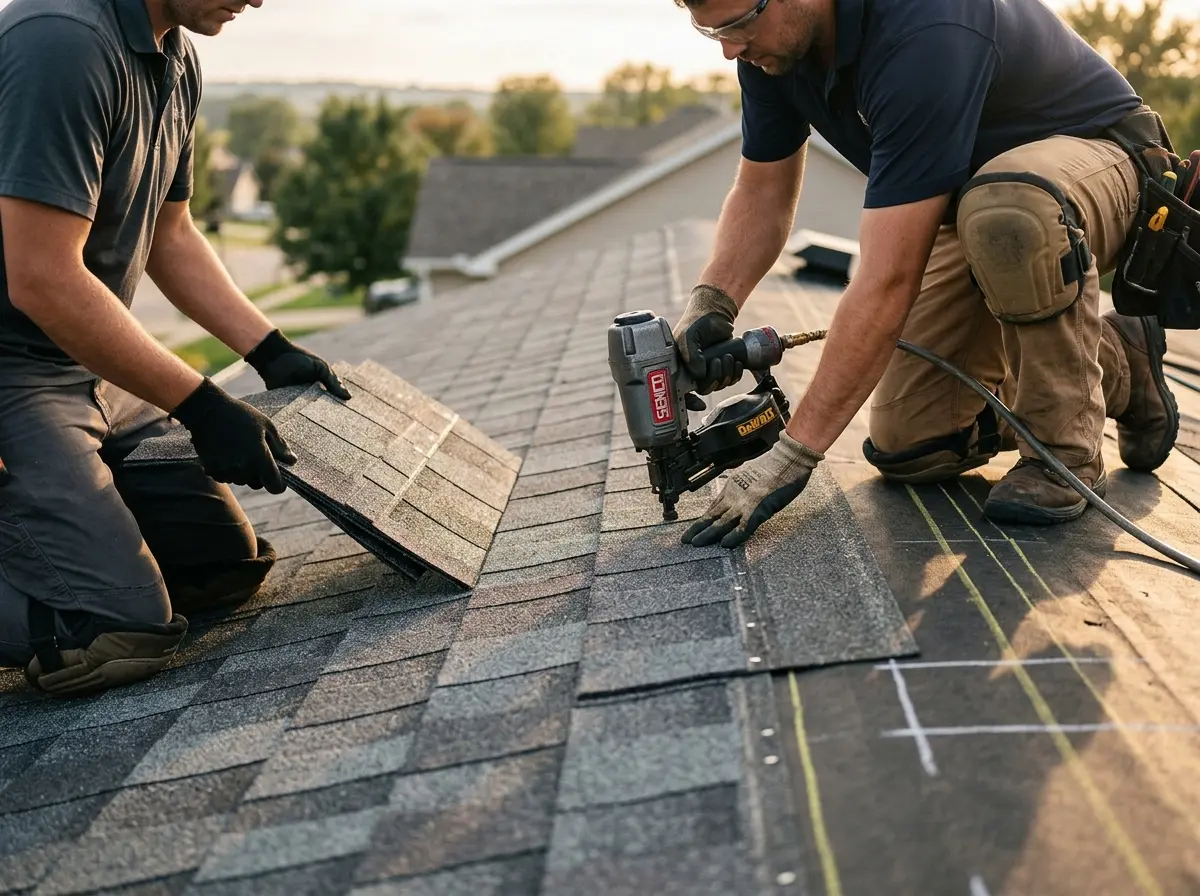 Professional roofer working on a residential roof in Henryetta